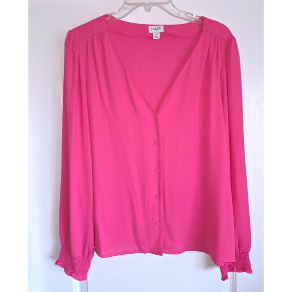 J.Crew Tops - J.Crew Womens Hot Pink V-Neck Button Front Smock Cuff Blouse Sz 14 Professional